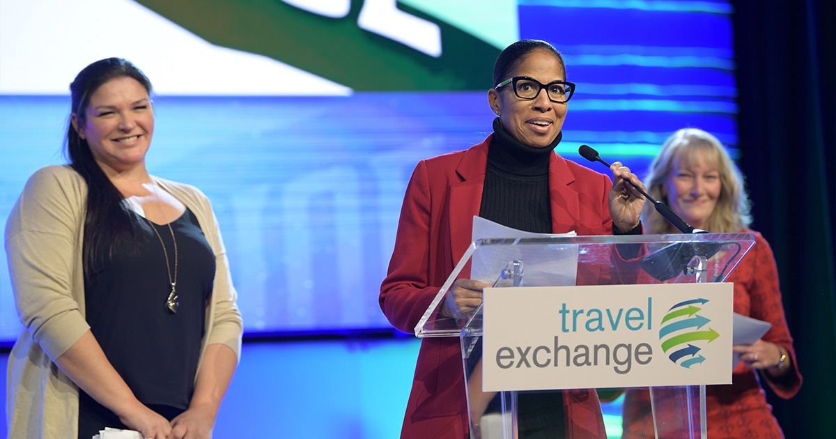 Talking at Travel Exchange ’22 about NTA’s DEI Advisory Group. L to R: Dawnielle Tehama, 2023 chair; Portia Conerly, 2022 chair; and Catherine Prather, NTA president.